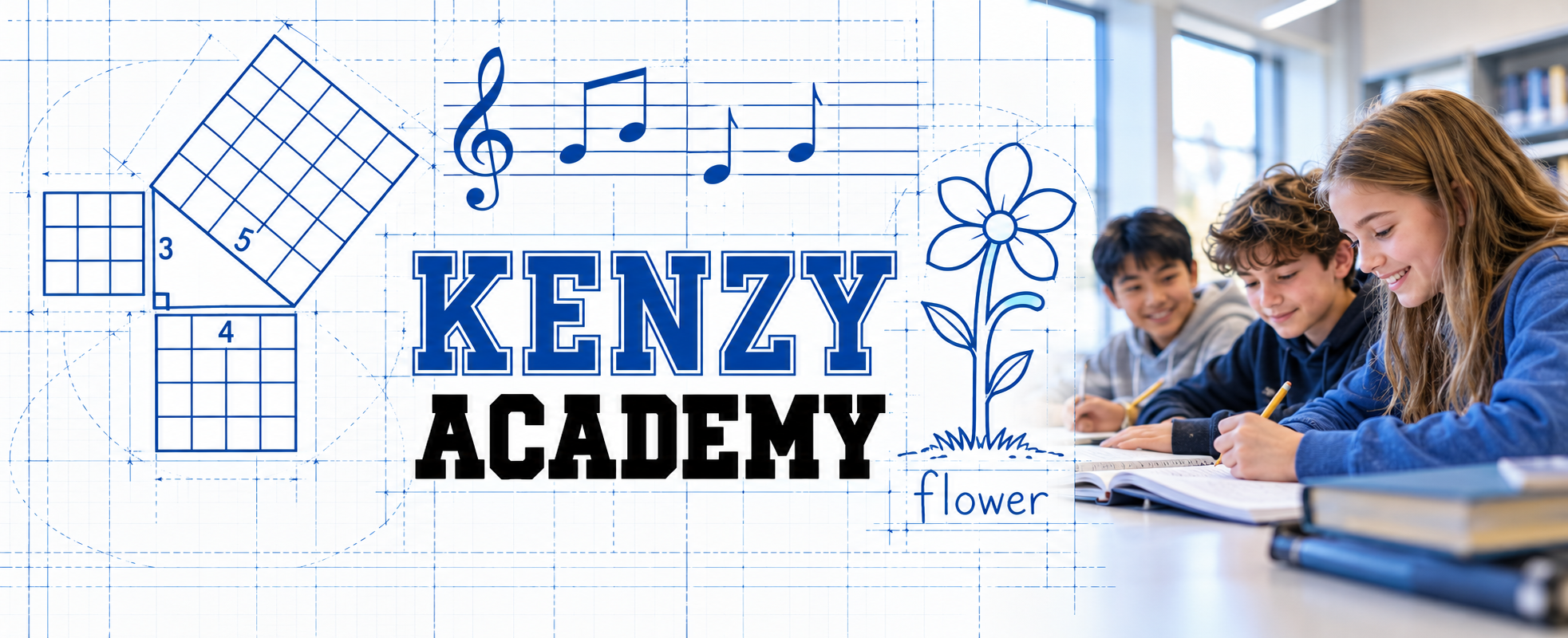 Students learning in a bright classroom beside Kenzy Academy blueprint drawings for math, music, and language.